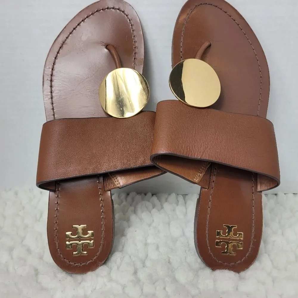Tory Burch Patos Disk Womens Flip Flops Sandals Size 8.5 Brown Leather